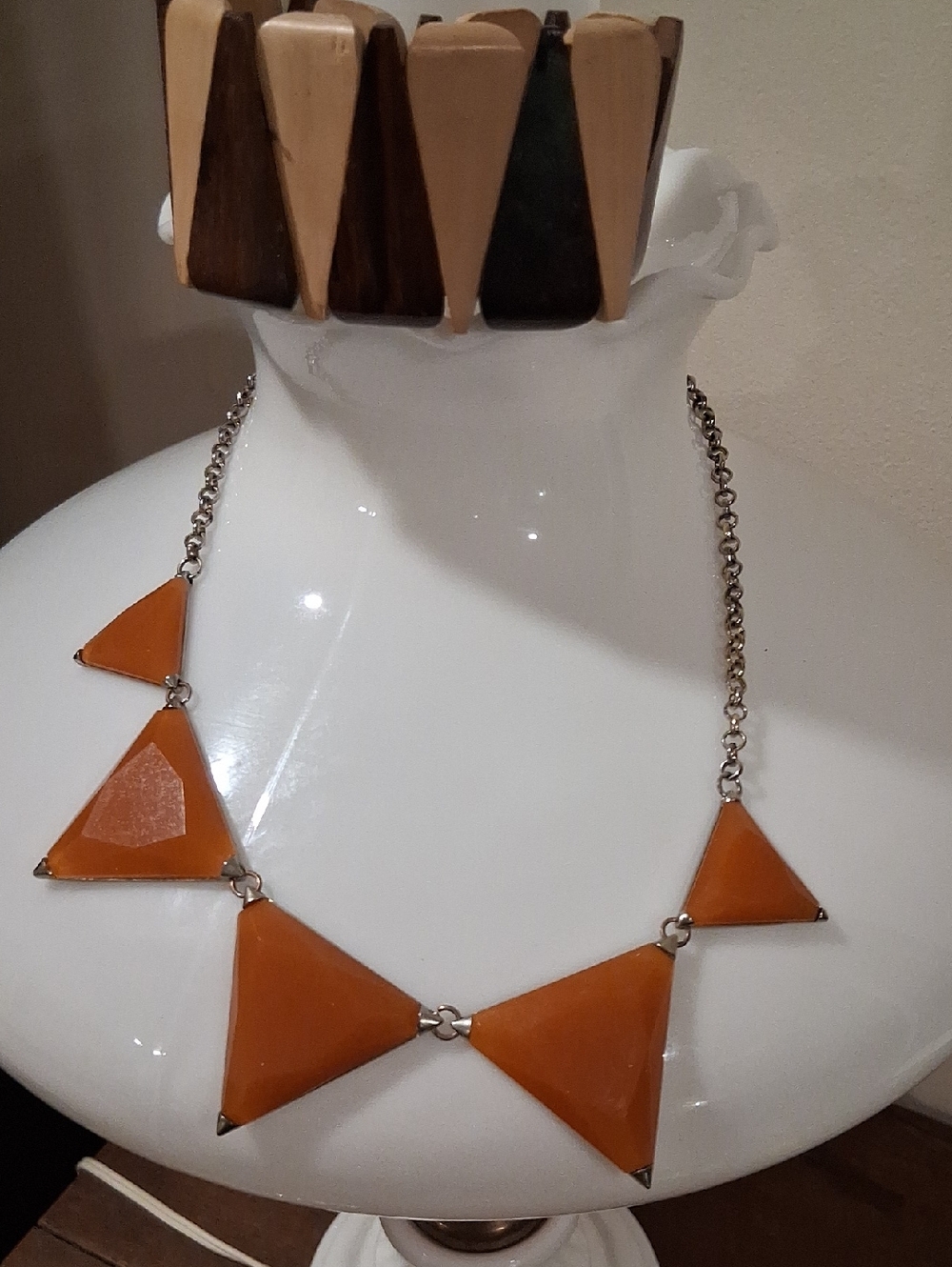 Women's Orange Triangle Geometric Necklace & Stretch Wood Like Bracelet